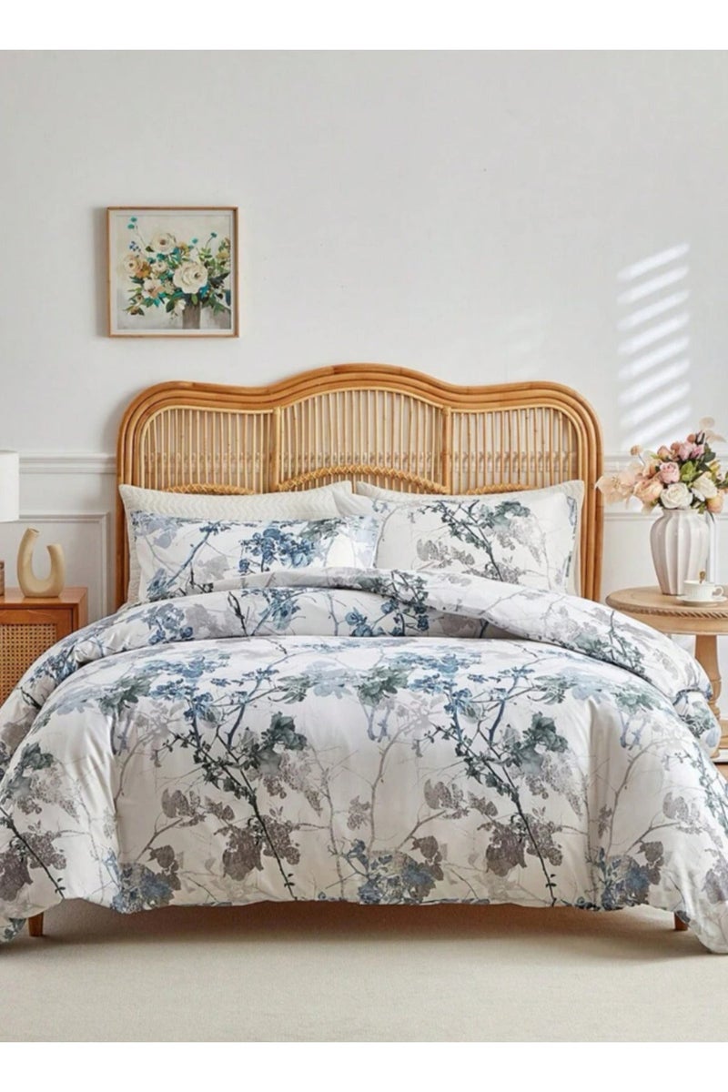 LUNA Home Queen size 6 pieces set: 1 Duvet cover - 200*230cm.; 1 Flat sheet - 230*250cm.; 4 Pillow covers - 50*75cm. Bedding set, blue with grey Leaves. - Image 1